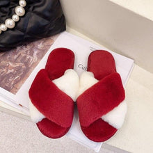 将图片加载到图库查看器,Fluffy Slippers Women Cozy Faux Fur Cross Indoor Floor Slides Flat Soft Furry Shoes Fluffy Furry Fur Slippers Flip Flop Open Toe Cozy House Memory Foam Sandals Slides Soft Flat Comfy Slippers