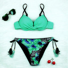 Load image into Gallery viewer, Halter Bikini Bandage Swimsuit Solid Swimwear Sport Liquid Metallic Shiny String Bikini 2 Piece Swimsuit Set Women Shiny Bikini Set Bathing Suit Push Up Two-piece Suit