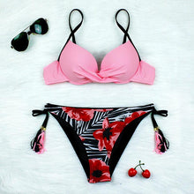 Load image into Gallery viewer, Halter Bikini Bandage Swimsuit Solid Swimwear Sport Liquid Metallic Shiny String Bikini 2 Piece Swimsuit Set Women Shiny Bikini Set Bathing Suit Push Up Two-piece Suit