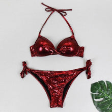 Load image into Gallery viewer, Halter Bikini Bandage Swimsuit Solid Swimwear Sport Liquid Metallic Shiny String Bikini 2 Piece Swimsuit Set Women Shiny Bikini Set Bathing Suit Push Up Two-piece Suit