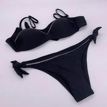 将图片加载到图库查看器,Print Swimwear Women Bikini Solid Push Up Swimsuit Female Bikini Set Beachwear Bathing Suit Swimming High Waist Swimsuits With Boy Shorts Triangle Top Stripes Halter Bikini Two Piece Bathing Suits