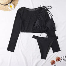Load image into Gallery viewer, Neon Yellow Crop Top Swimwear Women Summer 3 Pieces Swimsuit Bikini Sets With Sheer Crop Top Cover Up Beachwear Mesh Long Sleeve Cover Ups Top Three Piece Swimsuit Bikini Set