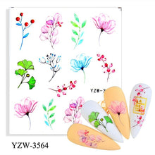 Load image into Gallery viewer, Autumn Simple Green Pink Pattern Water Nail Decal Sticker Flower Leaf Tree Winter Slider For Nail Art Manicuring Decoration Decals for Nail Art Decoration Including Hearts Stars Letters Bowknot Leaves Flowers Plants Fruits Butterflies