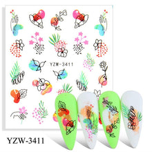 Load image into Gallery viewer, Autumn Simple Green Pink Pattern Water Nail Decal Sticker Flower Leaf Tree Winter Slider For Nail Art Manicuring Decoration Decals for Nail Art Decoration Including Hearts Stars Letters Bowknot Leaves Flowers Plants Fruits Butterflies
