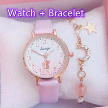 将图片加载到图库查看器,Fashion Set Bracelet Watch Leather Strap Watch Cute Cat Dial Girl Watch Children Quartz Watch Couple Watch Gift Set Valentines Romantic Lovers Watch For Man Woman Leather Strap