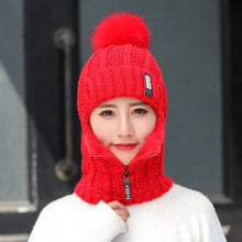 Load image into Gallery viewer, Coral Fleece Winter Women Knitted Hats Add Fur Warm Winter Hats For Women With Zipper Keep Face Warmer Balaclava Pompoms Cap Balaclava Gorgas Bonnet Knitted Hat Windproof Ski Mask Cold Weather Face Mask Motorcycle Balaclava Hood Warmer Winter Sports Cap