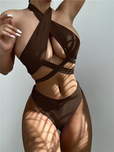 Load image into Gallery viewer, Halter Hollow Cross Bikinis Set Swimsuit Women's New Solid Two-Piece Swimwear Two Piece Swimsuit Halter Crisscross Cut Out Bikini Wrap Top with High Waist Bottom Beach Swimwear Summer Beachwear Woman Bath Bathing Suit
