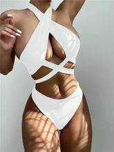 Load image into Gallery viewer, Halter Hollow Cross Bikinis Set Swimsuit Women's New Solid Two-Piece Swimwear Two Piece Swimsuit Halter Crisscross Cut Out Bikini Wrap Top with High Waist Bottom Beach Swimwear Summer Beachwear Woman Bath Bathing Suit