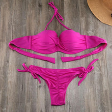 Load image into Gallery viewer, Bikini Solid Strappy Bandage Bikinis Set White Push Up Bikini Swimwear Swimsuit Bathing Suit Women's Ribbed Tie Bikini Adjustable Lace Up Bottom String Women Swimsuit