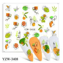 Load image into Gallery viewer, Autumn Simple Green Pink Pattern Water Nail Decal Sticker Flower Leaf Tree Winter Slider For Nail Art Manicuring Decoration Decals for Nail Art Decoration Including Hearts Stars Letters Bowknot Leaves Flowers Plants Fruits Butterflies