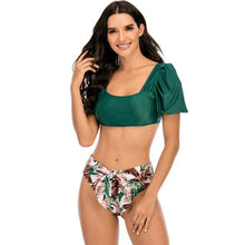 Load image into Gallery viewer, Bikini New 2 Piece Women Swimsuit Women's High Waist Bikini Set Fashion Puff Sleeve Swimwear Set Bathing Suits Solid Color Short Puff Sleeve Summer High Waist Cut Backless Bathing Suit Beachwear