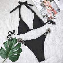 将图片加载到图库查看器,Shiny Diamond Bikini Push Up Halter Swimsuit Female Crystal Swimwear Women Bathing Suit New Women's Crystal Diamond Swimsuit High Cut Bikini Set Straps Two Piece Bathing Suit