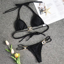 将图片加载到图库查看器,Shiny Diamond Bikini Push Up Halter Swimsuit Female Crystal Swimwear Women Bathing Suit New Women's Crystal Diamond Swimsuit High Cut Bikini Set Straps Two Piece Bathing Suit