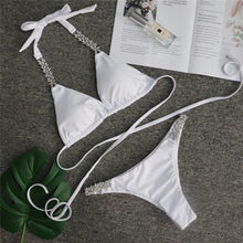 将图片加载到图库查看器,Shiny Diamond Bikini Push Up Halter Swimsuit Female Crystal Swimwear Women Bathing Suit New Women's Crystal Diamond Swimsuit High Cut Bikini Set Straps Two Piece Bathing Suit