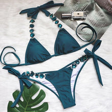 将图片加载到图库查看器,Shiny Diamond Bikini Push Up Halter Swimsuit Female Crystal Swimwear Women Bathing Suit New Women's Crystal Diamond Swimsuit High Cut Bikini Set Straps Two Piece Bathing Suit