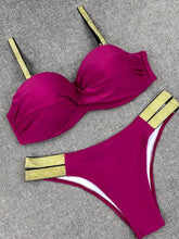 Load image into Gallery viewer, Bikini Sets Solid Color Swimsuit Mid-Waist Gather Cup Bikinis Women Swimwear Female Bathing Suits Beach wear Two Piece Swimsuits Triangle Bikini swimsuits for Women