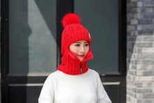 Load image into Gallery viewer, Coral Fleece Winter Women Knitted Hats Add Fur Warm Winter Hats For Women With Zipper Keep Face Warmer Balaclava Pompoms Cap Balaclava Gorgas Bonnet Knitted Hat Windproof Ski Mask Cold Weather Face Mask Motorcycle Balaclava Hood Warmer Winter Sports Cap