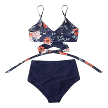 Load image into Gallery viewer, Modern Floral Bikini 2 Pieces Flower Print Bikini Set Women Crisscross High Waist String 2 Piece Bathing Suits High Waist Women's Swimsuit Shorts Solid Bikini Floral Summer Bikini Set