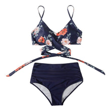 Load image into Gallery viewer, Modern Floral Bikini 2 Pieces Flower Print Bikini Set Women Crisscross High Waist String 2 Piece Bathing Suits High Waist Women's Swimsuit Shorts Solid Bikini Floral Summer Bikini Set