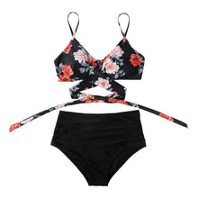 Load image into Gallery viewer, Modern Floral Bikini 2 Pieces Flower Print Bikini Set Women Crisscross High Waist String 2 Piece Bathing Suits High Waist Women's Swimsuit Shorts Solid Bikini Floral Summer Bikini Set