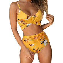 Load image into Gallery viewer, Modern Floral Bikini 2 Pieces Flower Print Bikini Set Women Crisscross High Waist String 2 Piece Bathing Suits High Waist Women's Swimsuit Shorts Solid Bikini Floral Summer Bikini Set