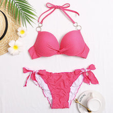 Load image into Gallery viewer, Halter Bikini Bandage Swimsuit Solid Swimwear Sport Liquid Metallic Shiny String Bikini 2 Piece Swimsuit Set Women Shiny Bikini Set Bathing Suit Push Up Two-piece Suit