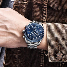 Load image into Gallery viewer, New Men Silver Blue Watch Business Analog Chronogragh Full Steel Luxury Casual Male Waterproof Sports Design Watches