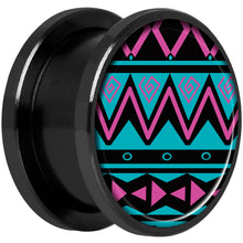 将图片加载到图库查看器,Pink Teal Tribal Print Black Anodized Screw Fit Plug Set 5/8