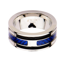 Load image into Gallery viewer, Mens Blue Carbon Fiber with Black Cable Steel Inlayed Stainless Steel Ring