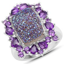 Load image into Gallery viewer, 5.97 Carat Genuine Drusy Quartz and Amethyst .925 Sterling Silver Ring