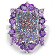 Load image into Gallery viewer, 5.97 Carat Genuine Drusy Quartz and Amethyst .925 Sterling Silver Ring