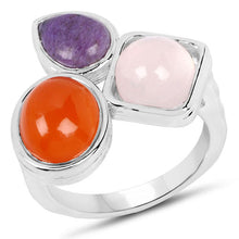 Load image into Gallery viewer, 5.21 Carat Genuine Rose Quartz, Carnelian And Charolite .925 Sterling Silver Ring