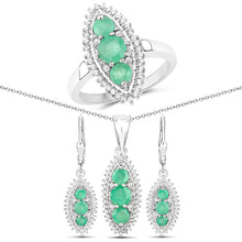 将图片加载到图库查看器,3.52 Carat Genuine Zambian Emerald and White Topaz .925 Sterling Silver 3 Piece Jewelry Set (Ring, Earrings, and Pendant w/ Chain)