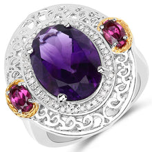 将图片加载到图库查看器,5.58 Carat Genuine Amethyst, Rhodolite and White Diamond 14K Yellow Gold with .925 Sterling Silver Ring