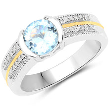 将图片加载到图库查看器,1.37 Carat Genuine Aquamarine and White Diamond 14K Yellow Gold with .925 Sterling Silver Ring