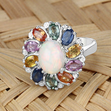 Load image into Gallery viewer, 3.92 Carat Genuine Ethiopian Opal, Multi Sapphire and White Diamond .925 Sterling Silver Ring