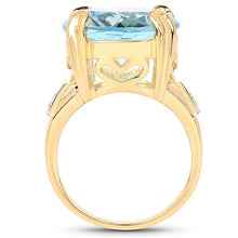 Load image into Gallery viewer, 14K Yellow Gold Plated 12.98 Carat Genuine Blue Topaz and White Topaz .925 Sterling Silver Ring