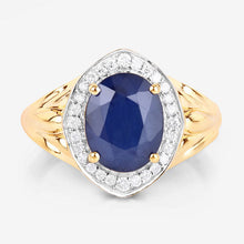 将图片加载到图库查看器,3.31 Carat Genuine Blue Sapphire and White Diamond 14K Yellow Gold Ring