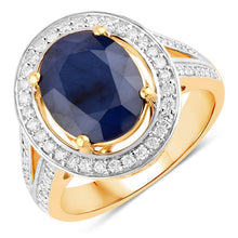 Load image into Gallery viewer, 4.74 Carat Genuine Blue Sapphire and White Diamond 14K Yellow Gold Ring