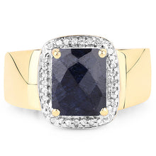 Load image into Gallery viewer, 14K Yellow Gold Plated 4.07 Carat Dyed Sapphire and White Topaz .925 Sterling Silver Ring