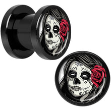 Load image into Gallery viewer, Katrina Sugar Skull Rose Flower Black Anodized Screw Fit Plug Set 0G