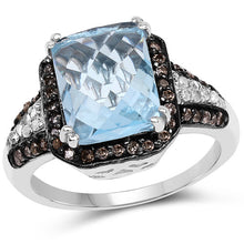 Load image into Gallery viewer, 4.33 Carat Genuine Swiss Blue Topaz, Champagne Diamond & White Diamond .925 Sterling Silver Ring