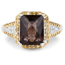Load image into Gallery viewer, 3.48 Carat Genuine Smoky Quartz, Yellow Diamond and White Diamond .925 Sterling Silver Ring
