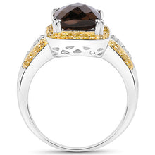 Load image into Gallery viewer, 3.48 Carat Genuine Smoky Quartz, Yellow Diamond and White Diamond .925 Sterling Silver Ring