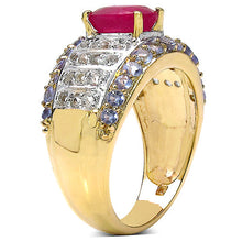 Load image into Gallery viewer, 14K Yellow Gold Plated 3.02 Carat Genuine Ruby, Tanzanite & White Topaz .925 Sterling Silver Ring