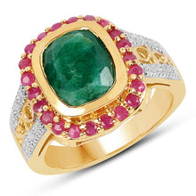 Load image into Gallery viewer, 14K Yellow Gold Plated 4.80 ct. t.w. Dyed Emerald and Ruby Ring in Sterling Silver