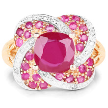 Load image into Gallery viewer, 14K Rose Gold Plated 3.88 Carat Glass Filled Ruby, Ruby and White Topaz .925 Sterling Silver Ring