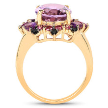 Load image into Gallery viewer, 14K Yellow Gold Plated 5.25 Carat Genuine Amethyst, Rhodolite and Blue Diamond .925 Sterling Silver Ring