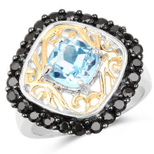 Load image into Gallery viewer, Two Tone Plated 2.85 Carat Genuine Swiss Blue Topaz and Black Spinel .925 Sterling Silver Ring