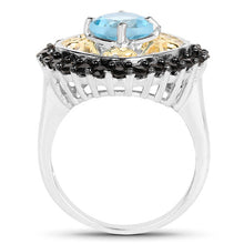 Load image into Gallery viewer, Two Tone Plated 2.85 Carat Genuine Swiss Blue Topaz and Black Spinel .925 Sterling Silver Ring
